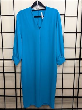 Vibrant Turquoise V-Neck Long Sleeve Shift Dress - Women's